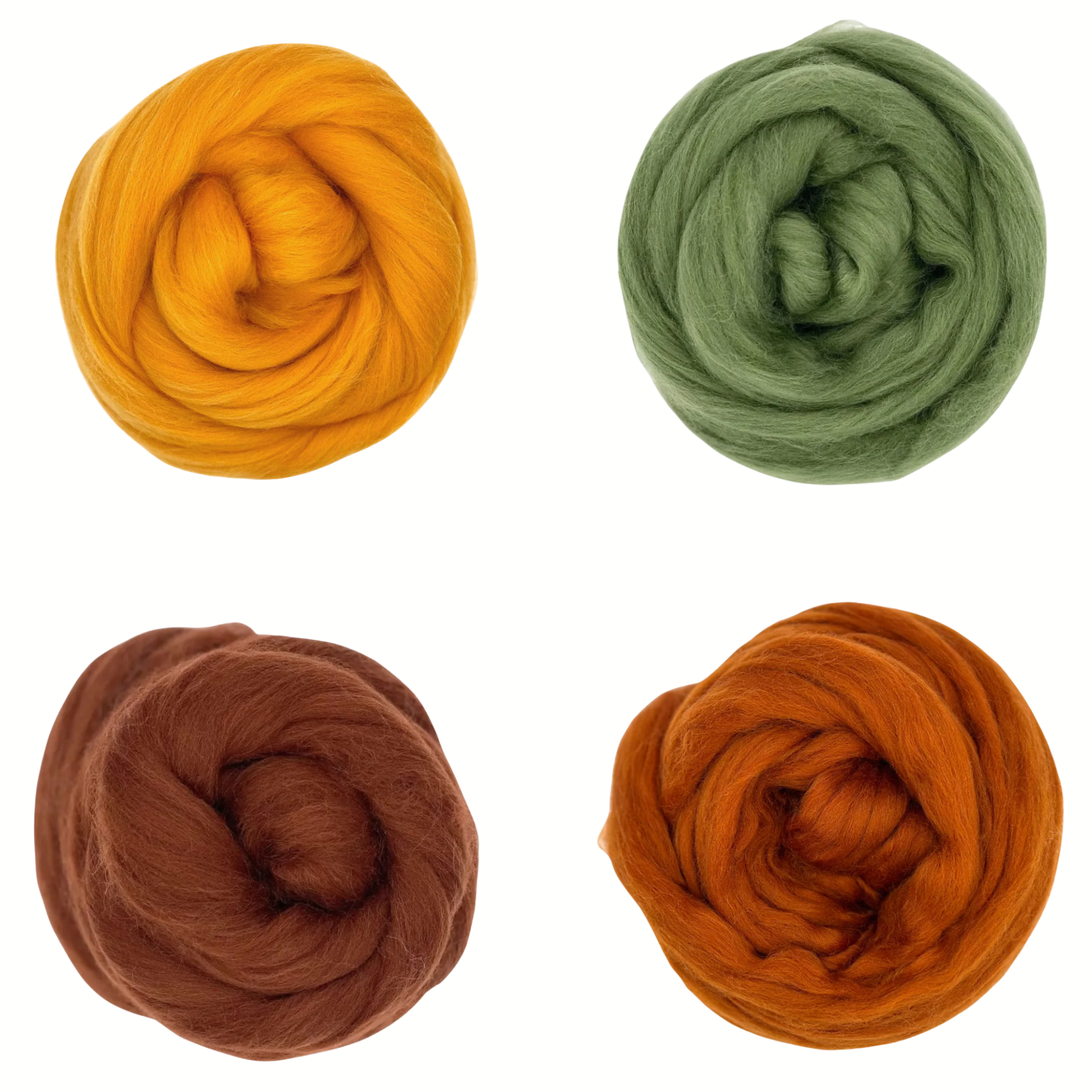Four balls of yarn in orange, green, brown, and rust on a white background