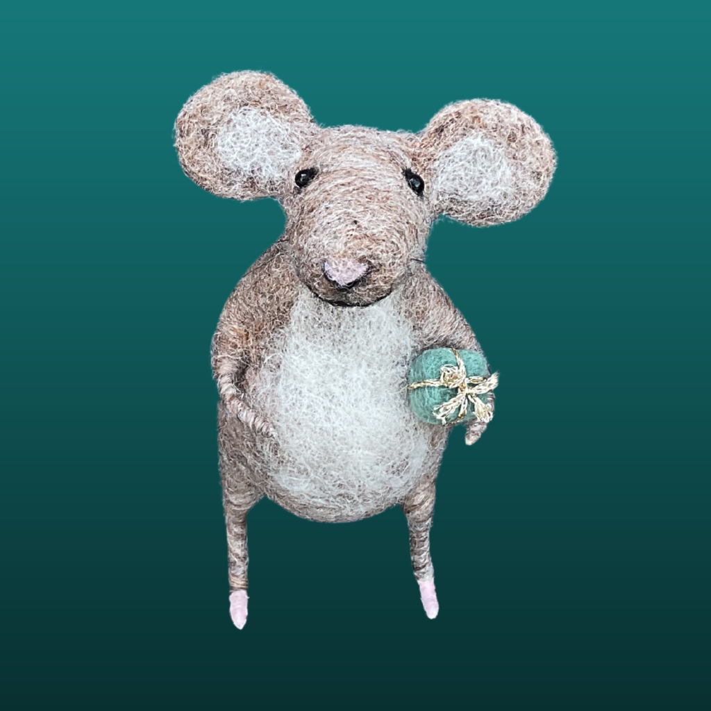 Needle Felt Mouse Holding A Birthday Present