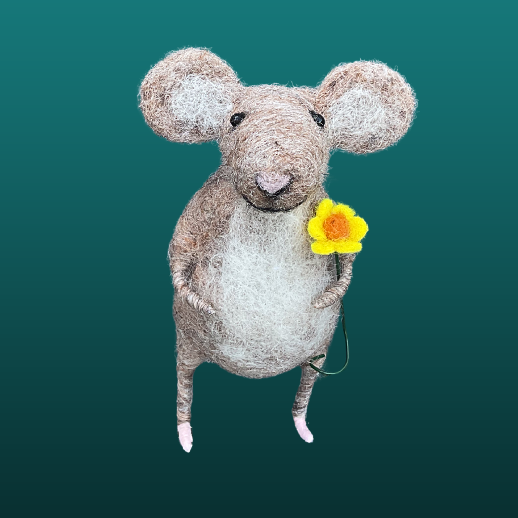 Handmade Needle Felt Mouse With Flower
