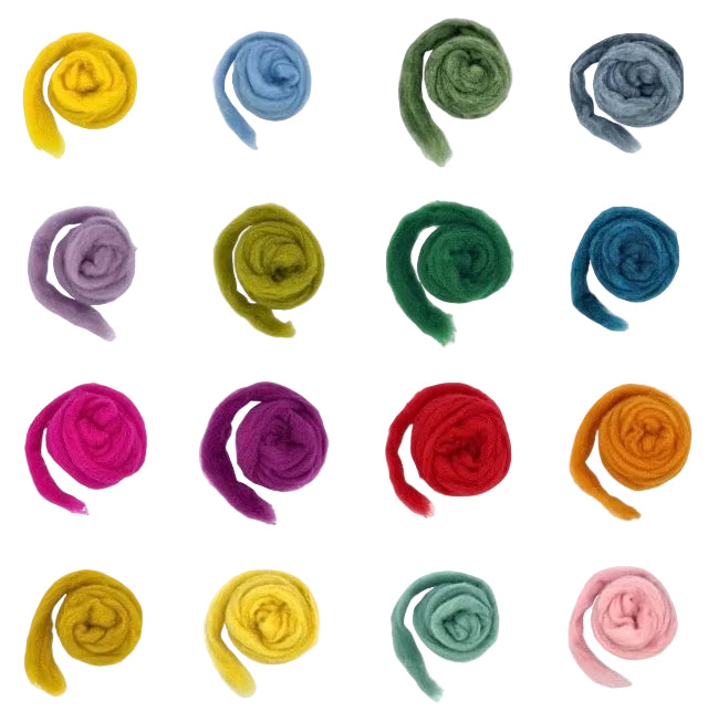 Set of colorful yarn rolls arranged in a grid on a white background