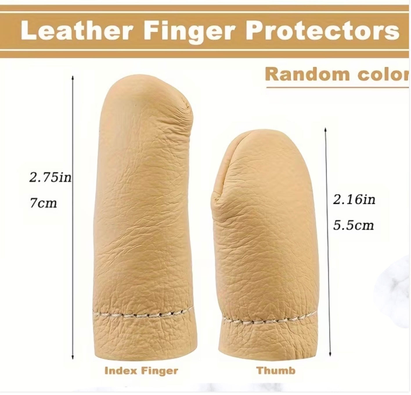 Beige leather finger protectors with measurements on a white background