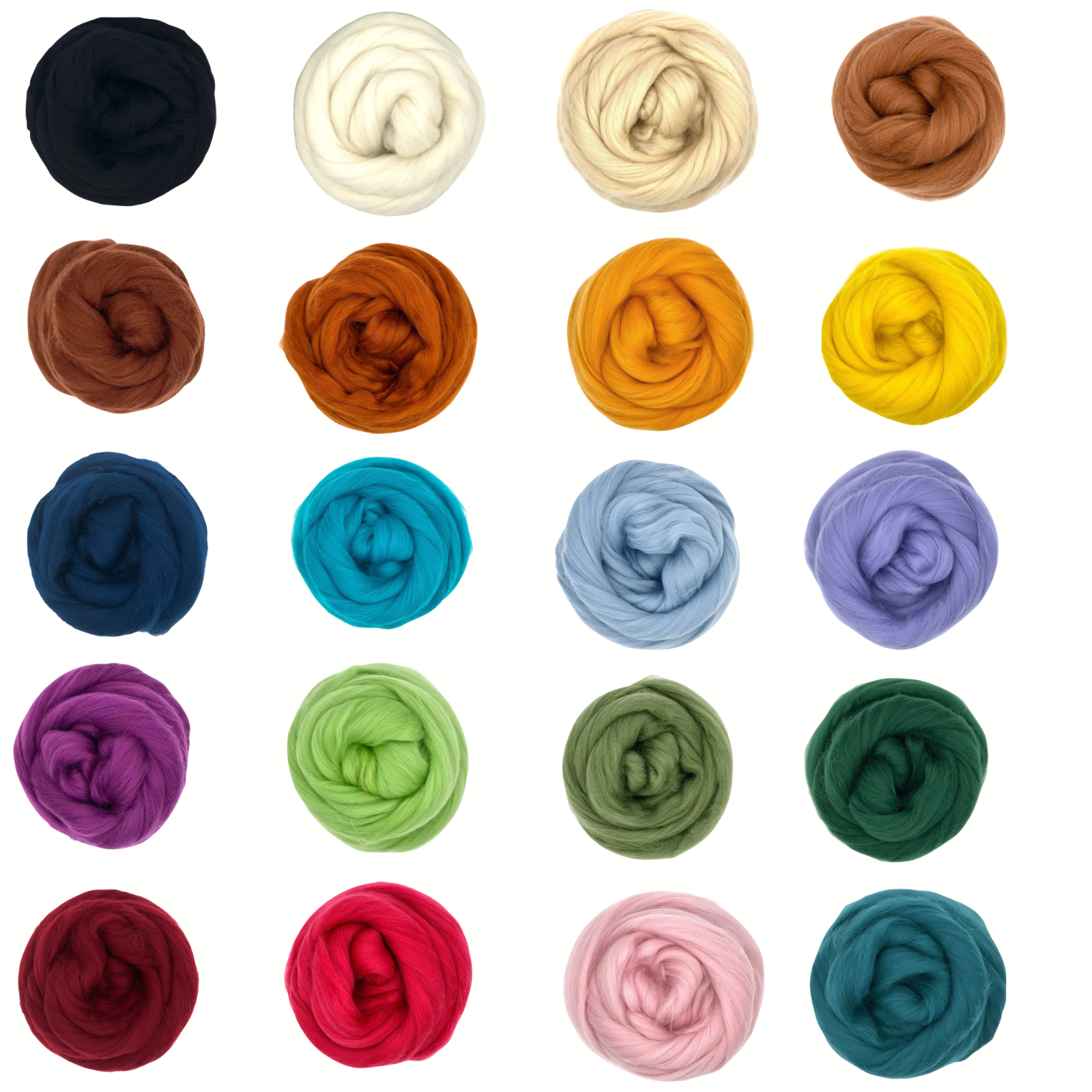 Collection of colorful yarn balls arranged in a grid on a white background