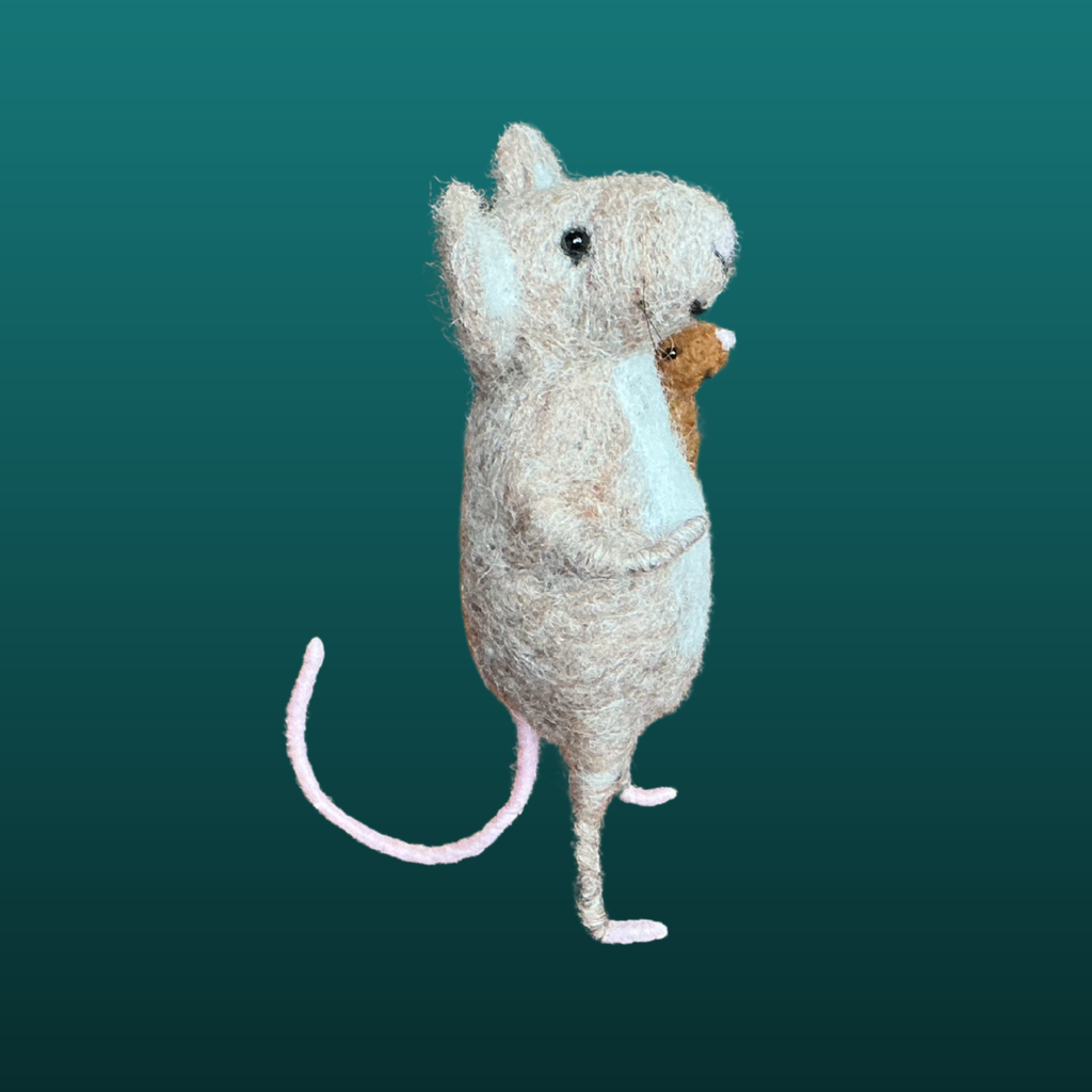 Needle felt mouse holding baby mouse Side view 