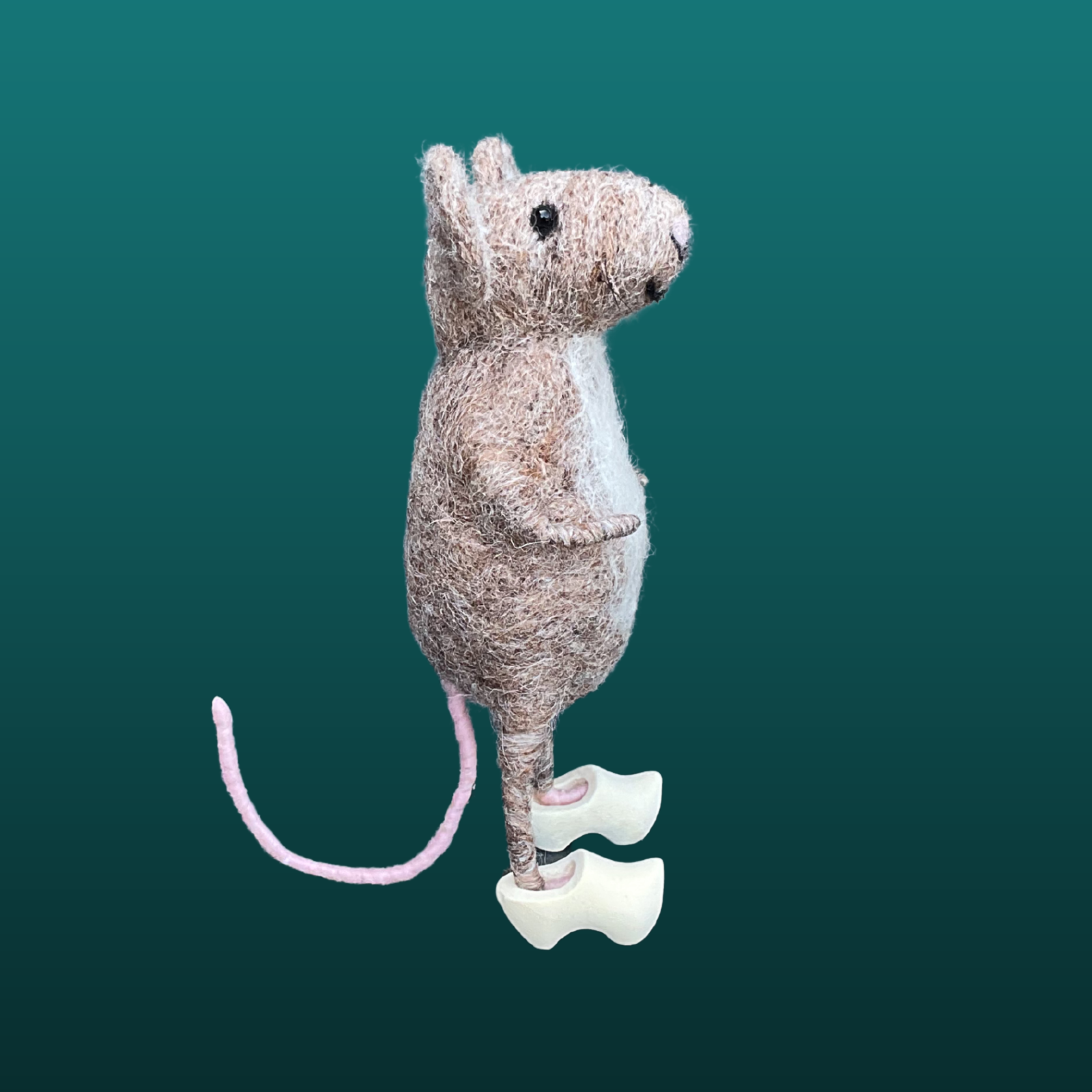 Needle felt mouse with clogs on Side view 