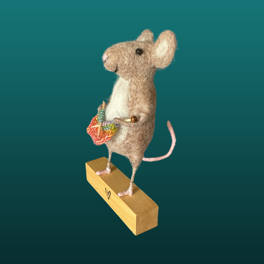 Needle Felted Mouse With Knitting Needles Handmade Wool Sculpture Gift