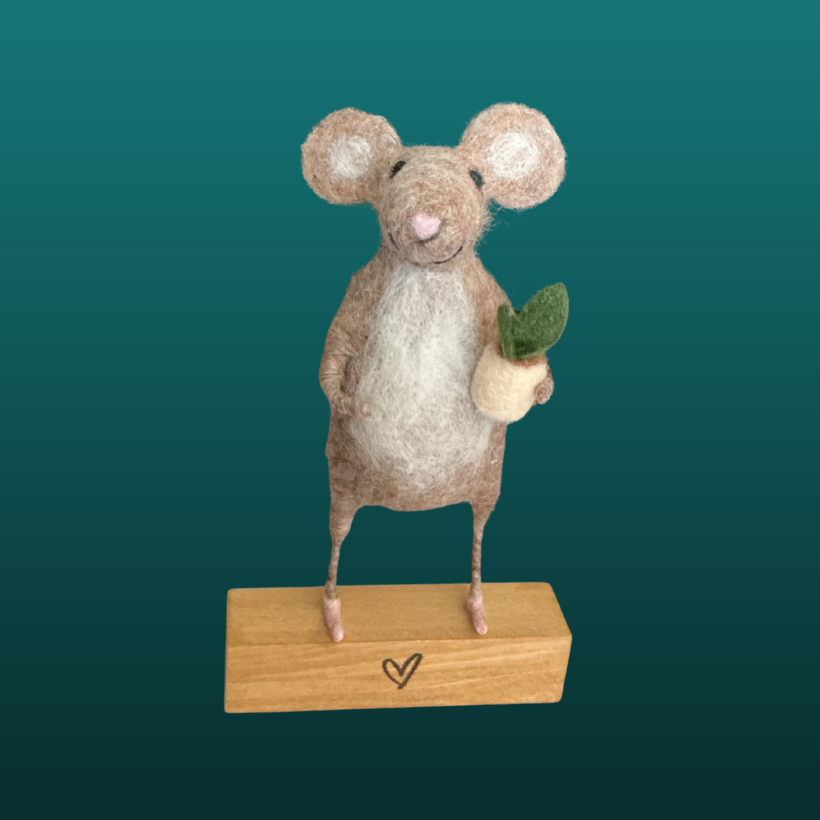 Needle Felted Mouse Holding Potted Plant Handmade Wool Sculpture Gift