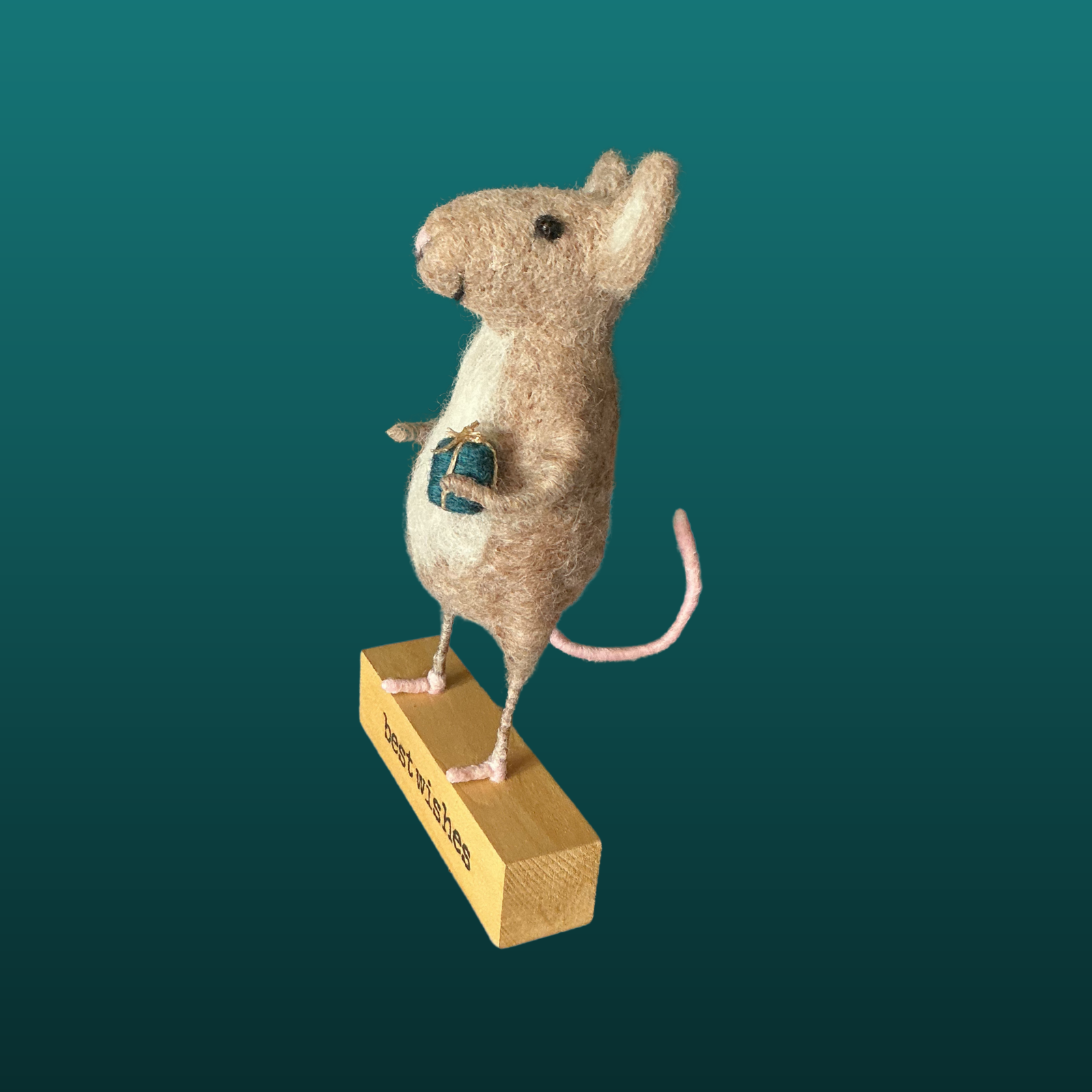 Needle Felted Mouse Holding Present Handmade Wool Sculpture Gift