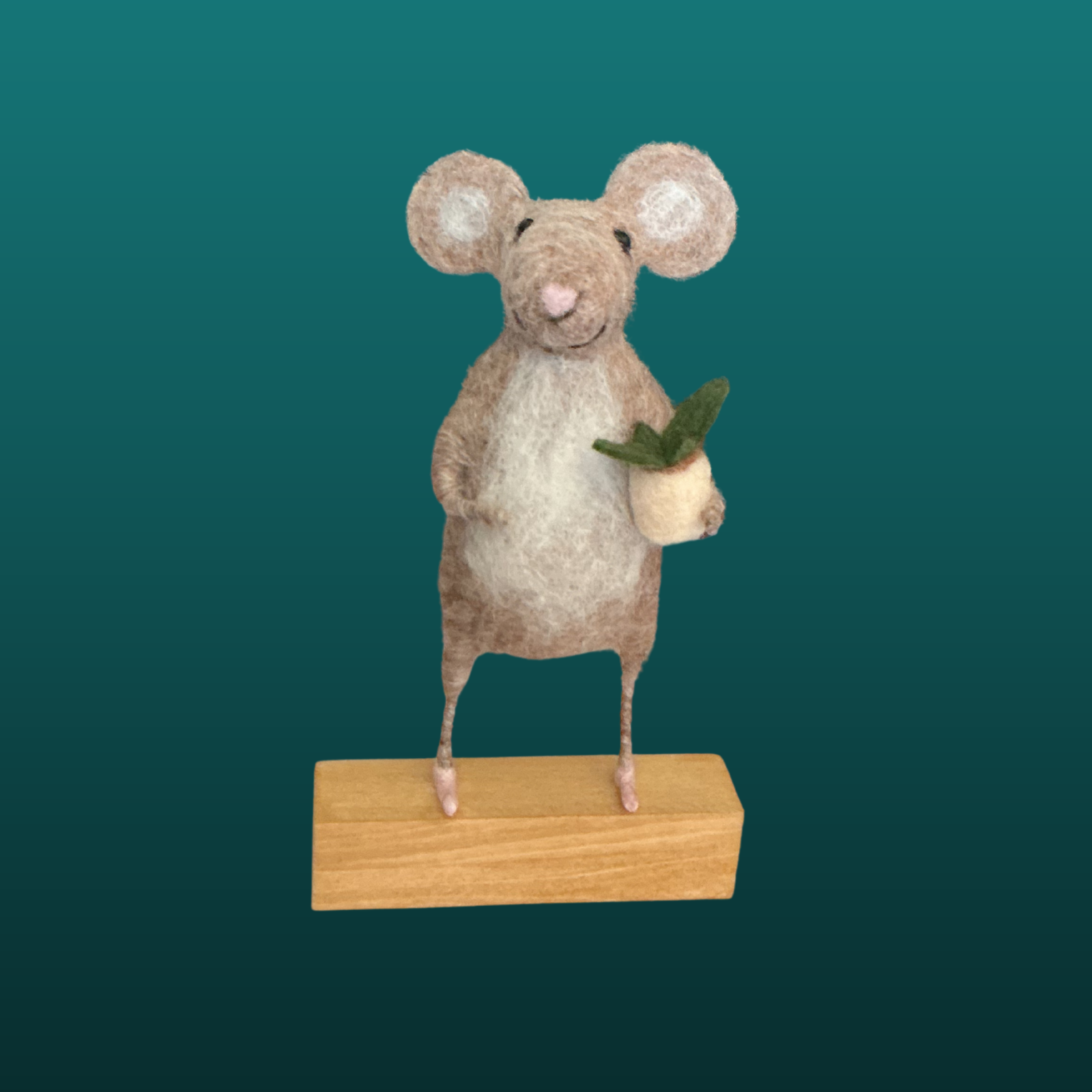 Needle Felted Mouse Holding Potted Plant Handmade Wool Sculpture Gift