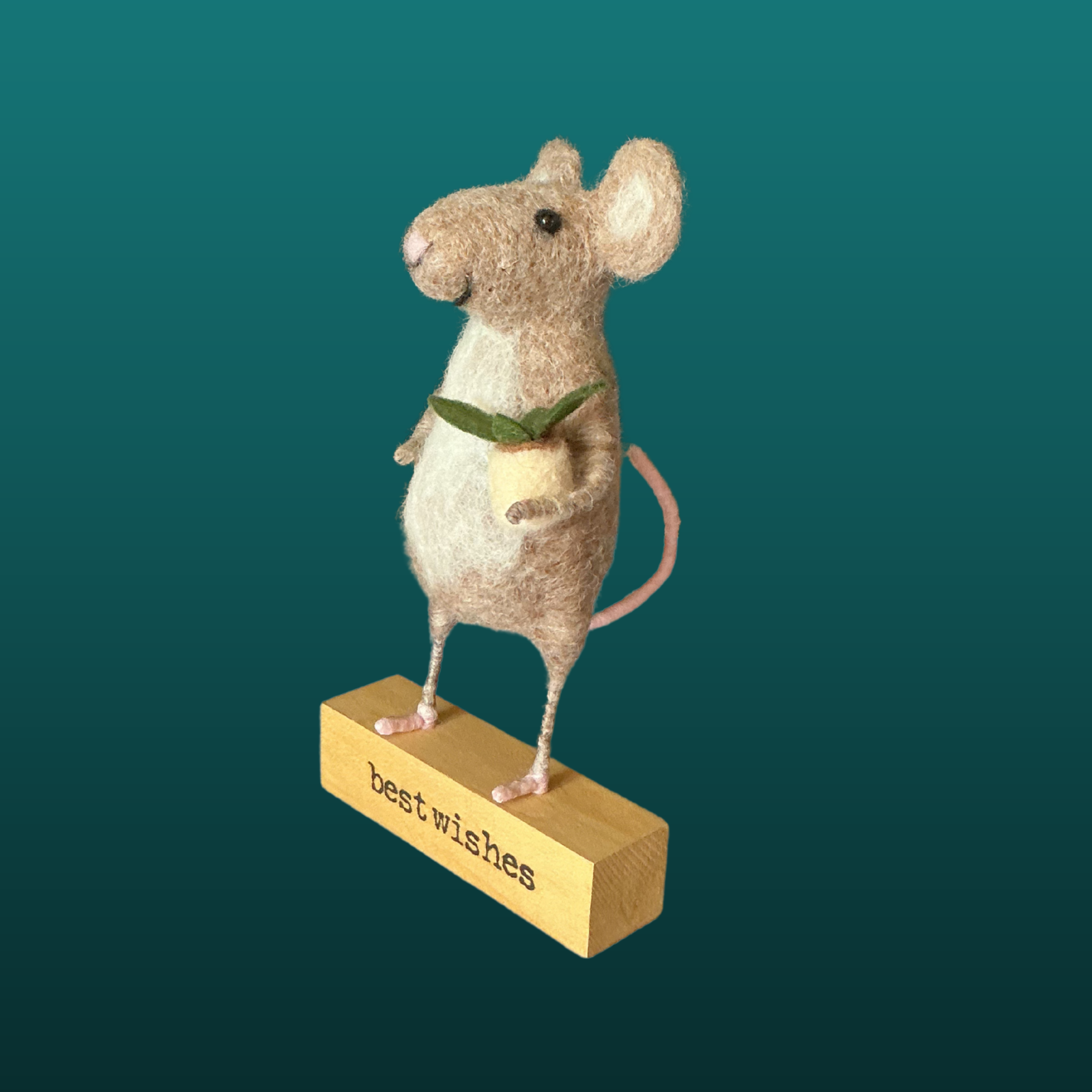 Needle Felted Mouse Holding Potted Plant Handmade Wool Sculpture Gift