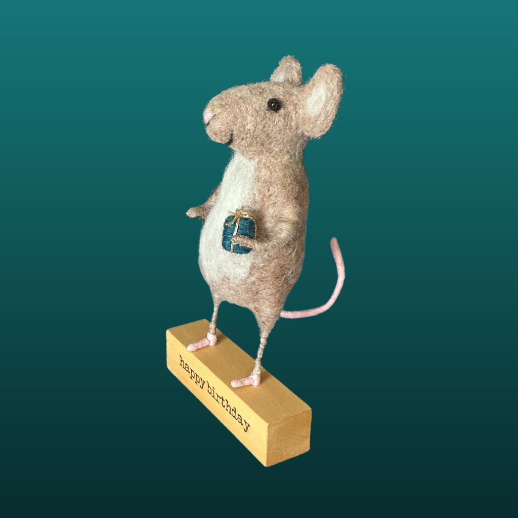 Needle Felted Mouse Holding Present Handmade Wool Sculpture Gift