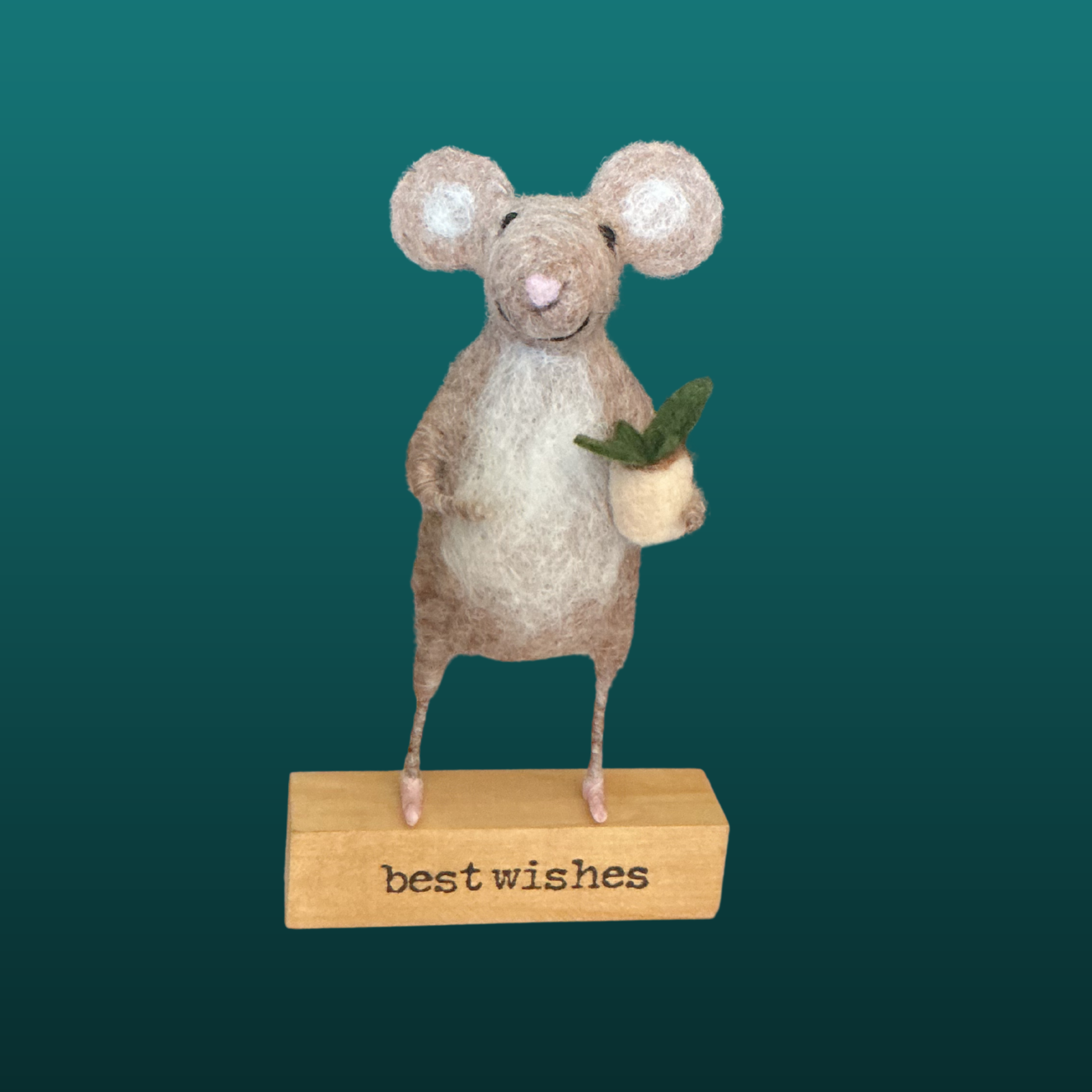 Needle Felted Mouse Holding Potted Plant Handmade Wool Sculpture Gift
