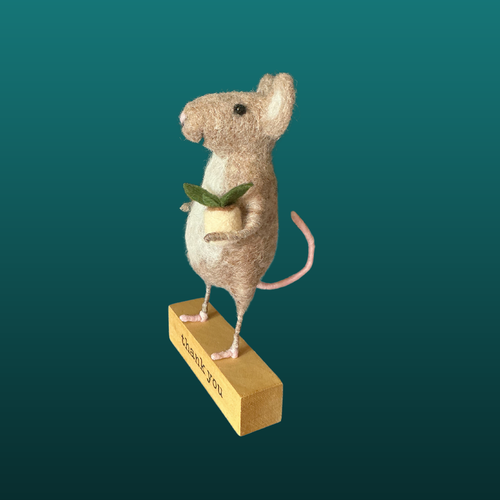 Needle Felted Mouse Holding Potted Plant Handmade Wool Sculpture Gift
