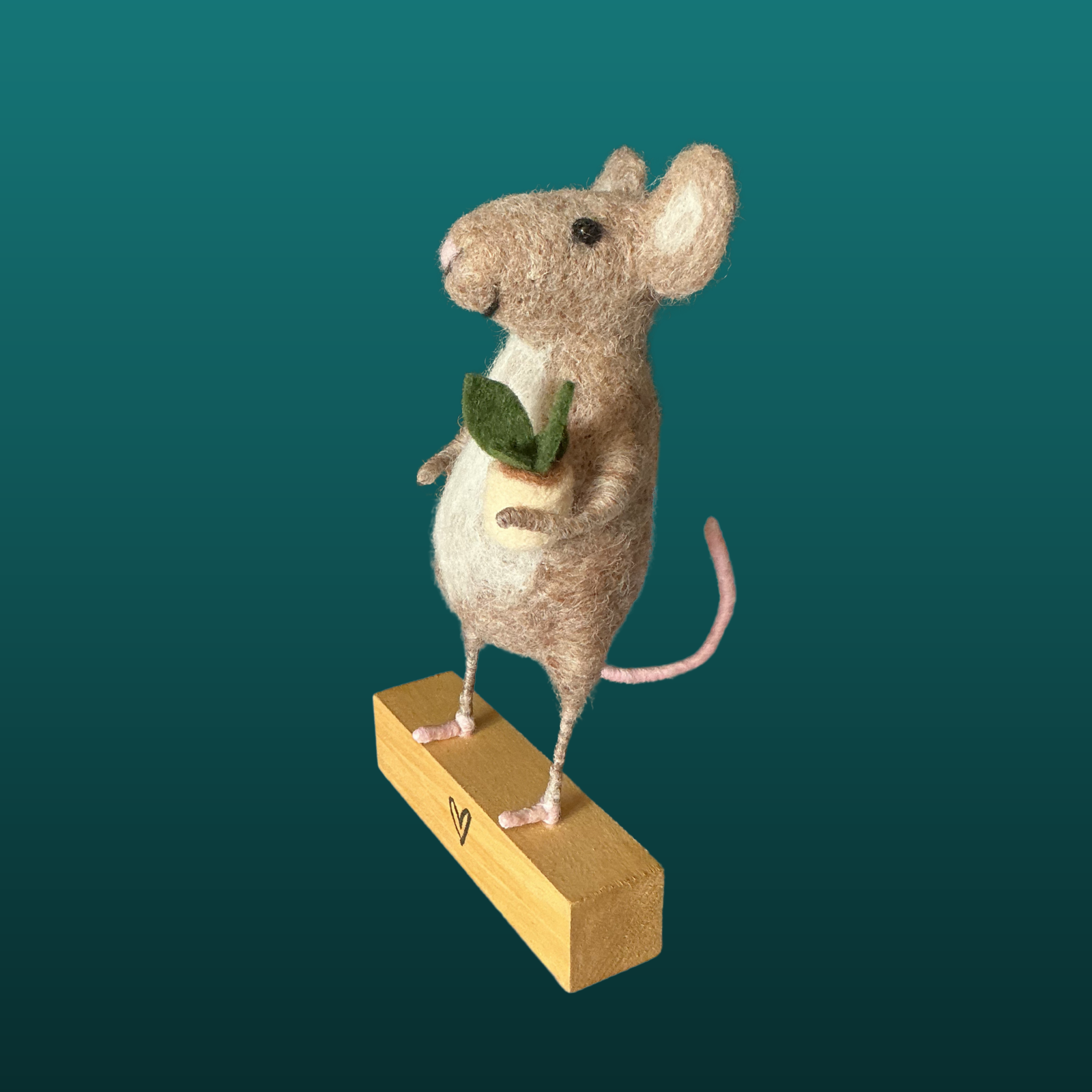 Needle Felted Mouse Holding Potted Plant Handmade Wool Sculpture Gift