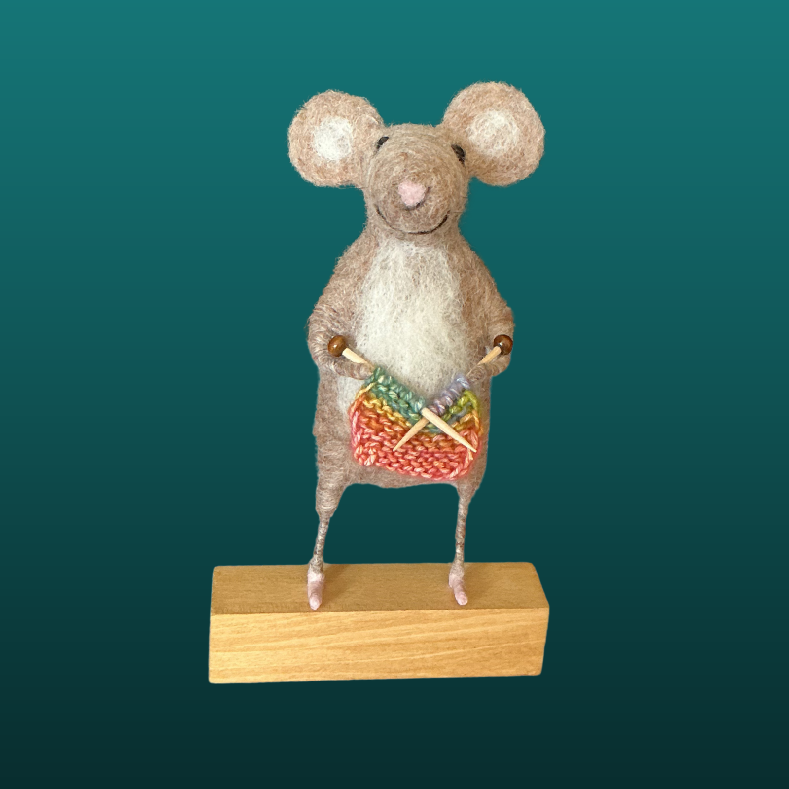 Needle Felted Mouse With Knitting Needles Handmade Wool Sculpture Gift