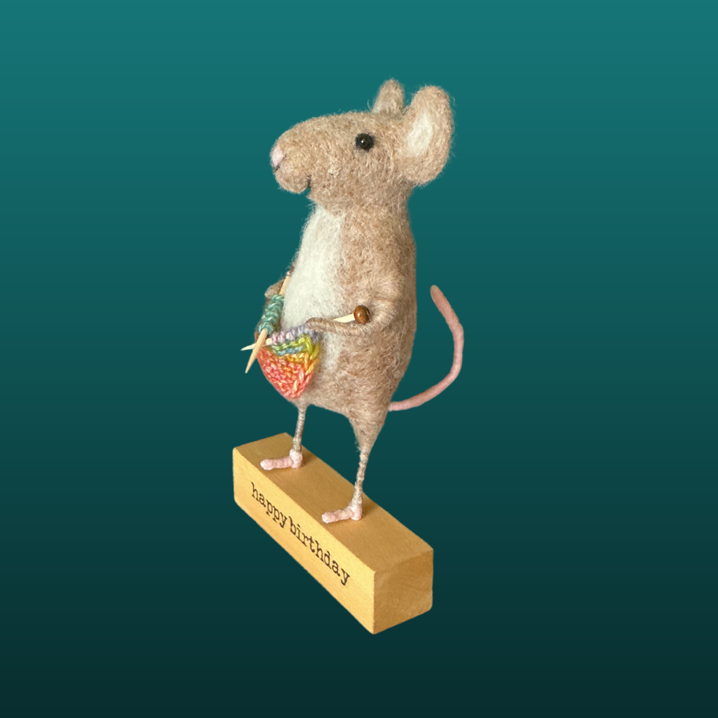 Needle Felted Mouse With Knitting Needles Handmade Wool Sculpture Gift
