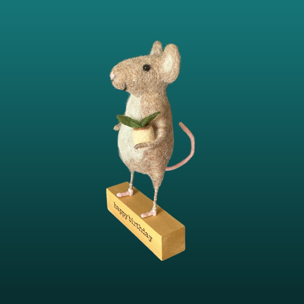 Needle Felted Mouse Holding Potted Plant Handmade Wool Sculpture Gift