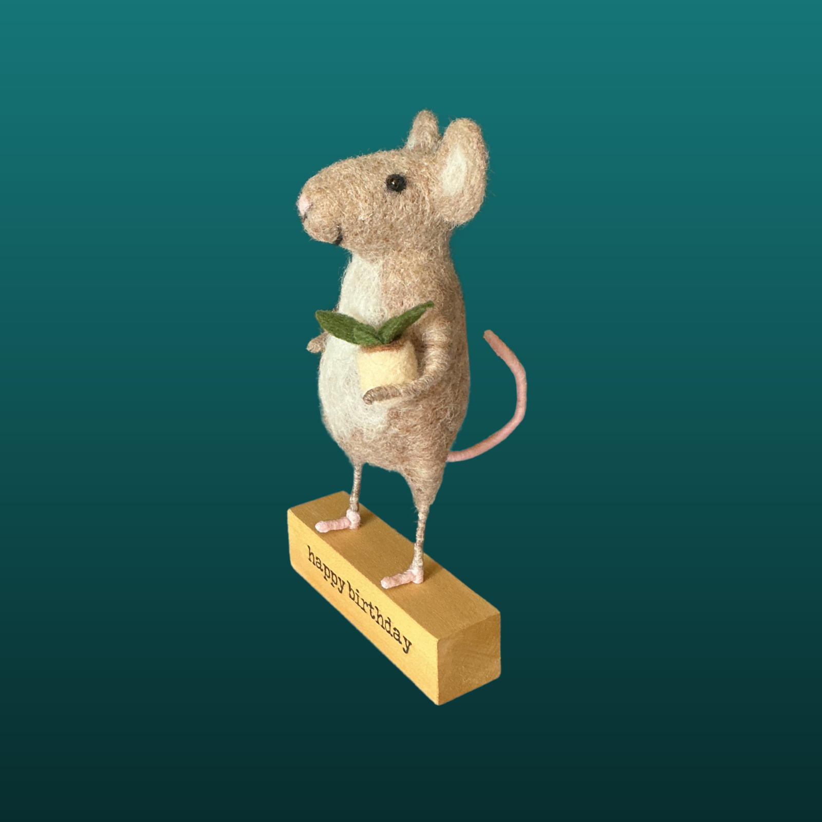 Needle Felted Mouse Holding Potted Plant Handmade Wool Sculpture Gift
