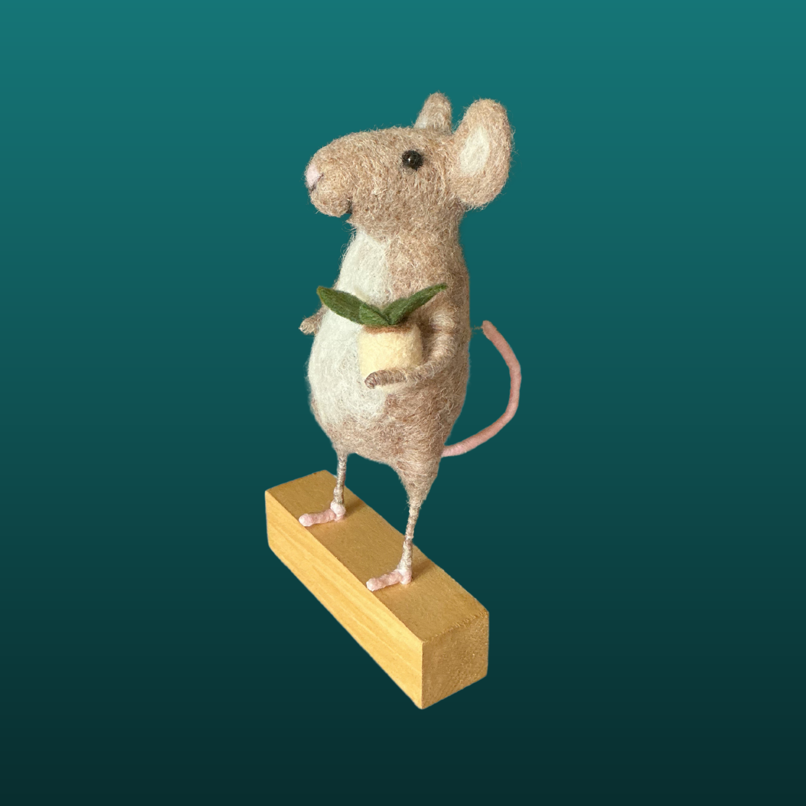 Needle Felted Mouse Holding Potted Plant Handmade Wool Sculpture Gift