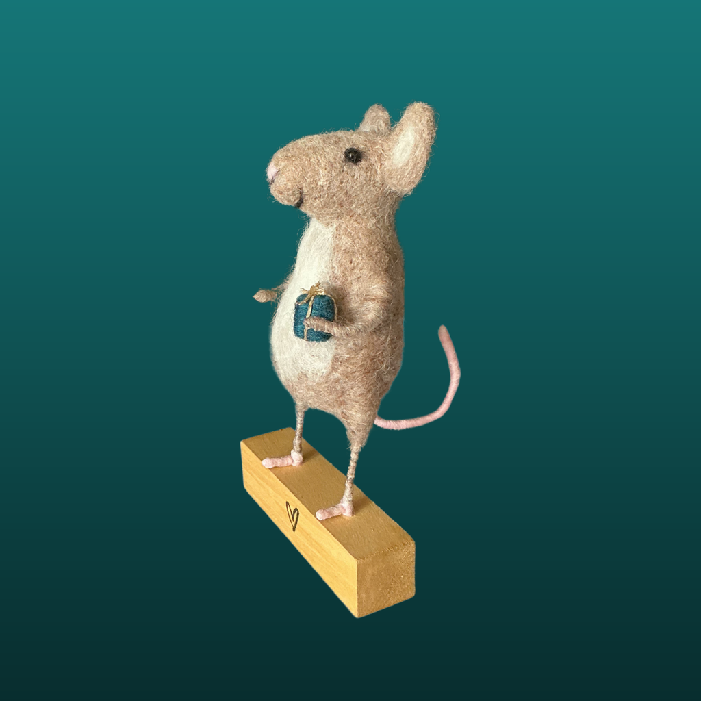 Needle Felted Mouse Holding Present Handmade Wool Sculpture Gift