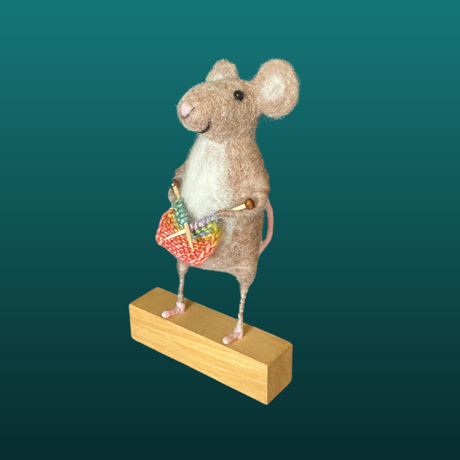 Needle Felted Mouse With Knitting Needles Handmade Wool Sculpture Gift